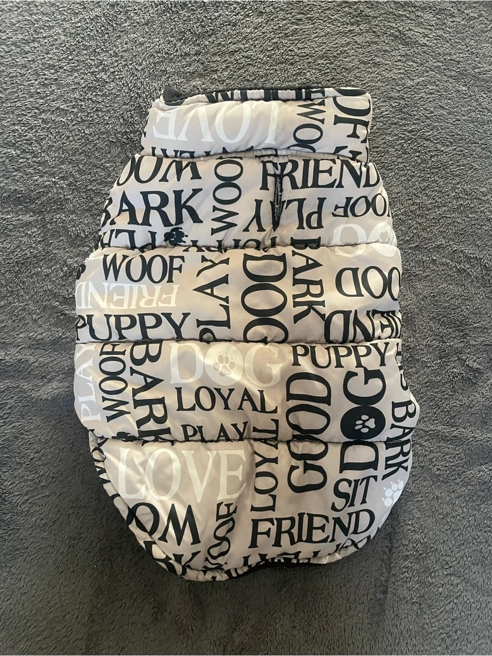 Unbranded Black & White Puffer Dog Jacket with Text Print